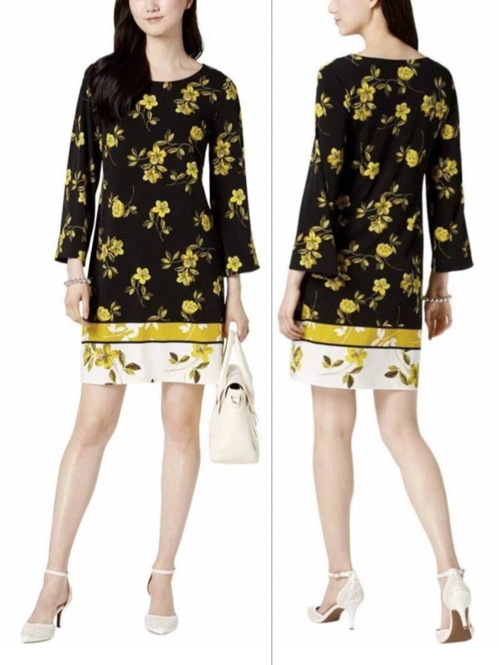 Alfani Petite Long Sleeve Orchard Breeze Floral Print Black Gold Shift Dress 10P